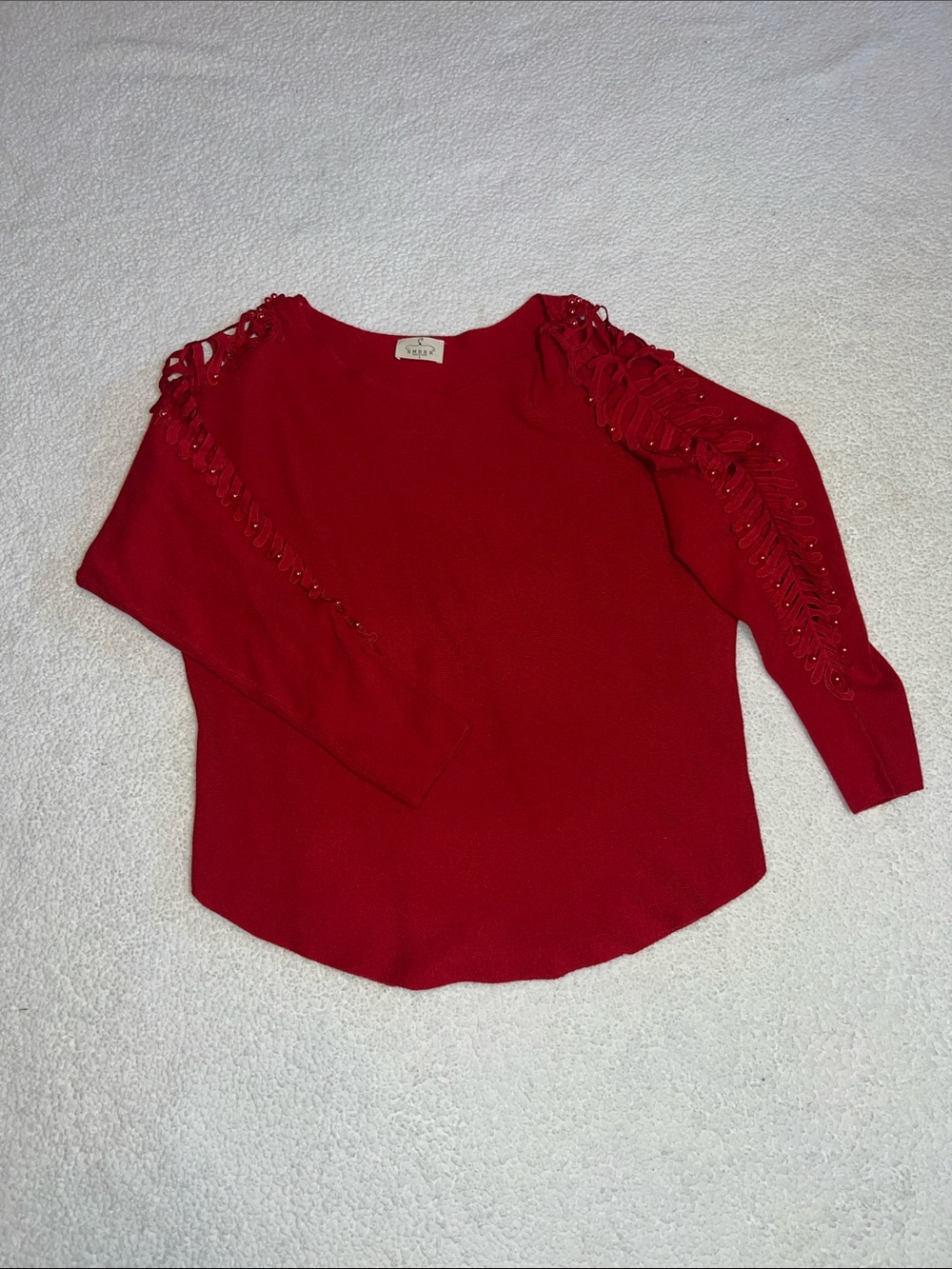 Ember size L Red 3/4 Sleeve Open-Work Shoulder w/ red pearls Sweater